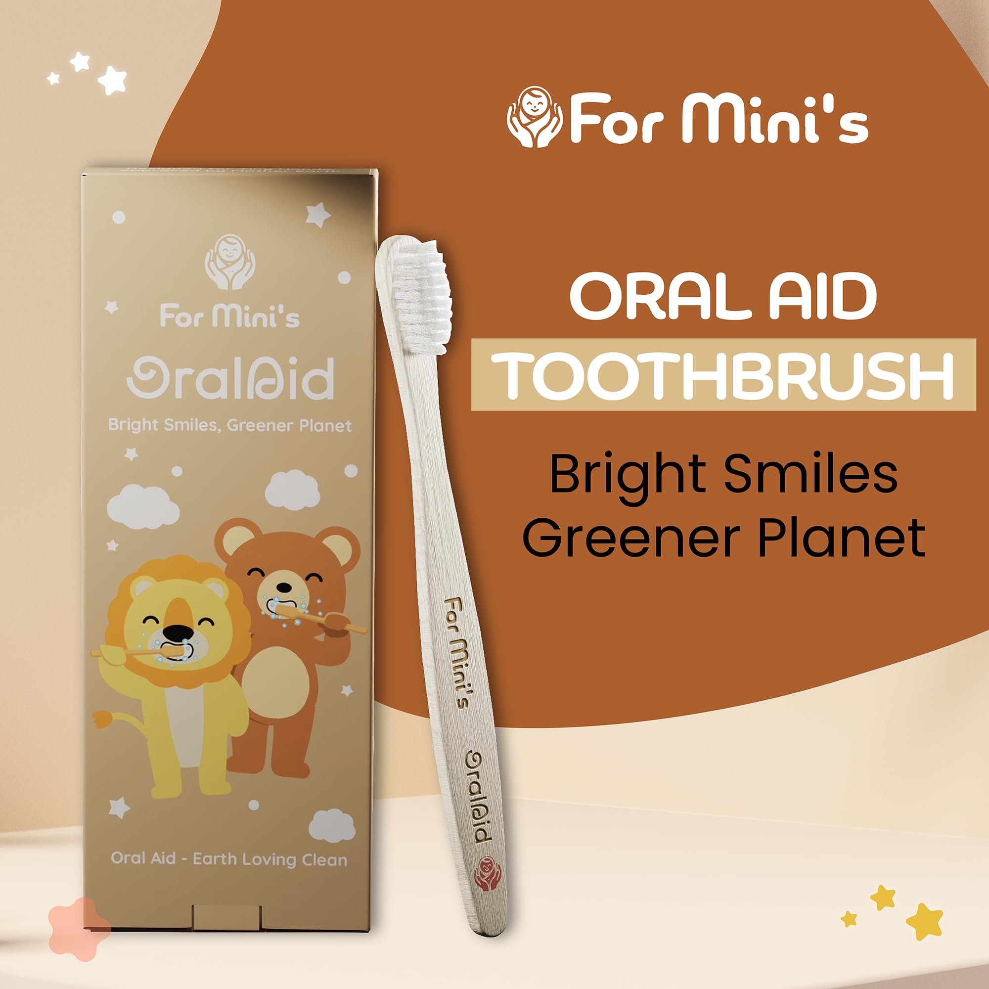 FOR MINI'S Oral Aid - Spazzolini da denti in bambù per bambini, manico in bambù, ecologici, setole morbide, confezione biodegradabile, confezione da 4