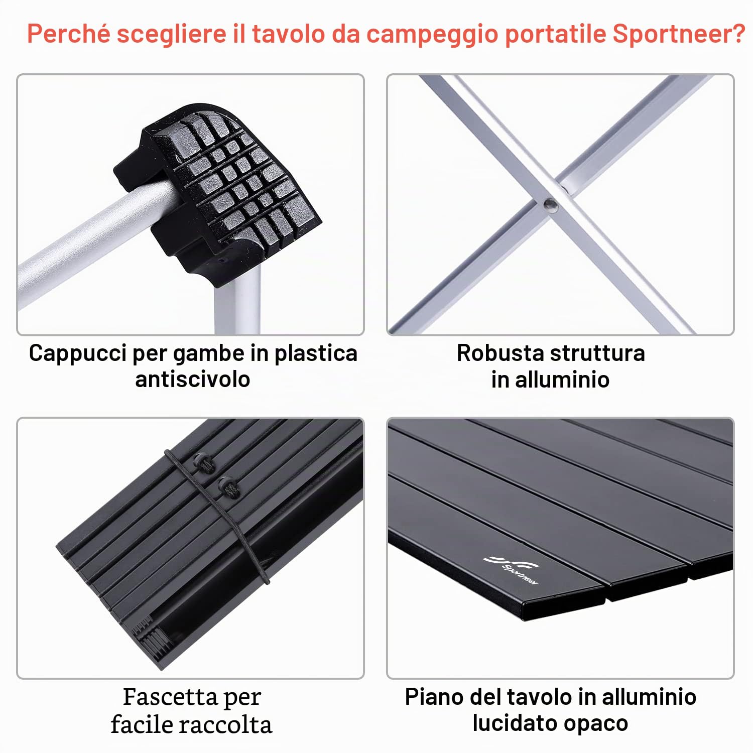 Sportneer Tavolo da Campeggio Leggero, Pieghevole in Alluminio Portatile con Valigetta e Borse di stoccaggio, Tavolino per all'aperto per Picnic, Campeggio, Spiaggia, Escursionismo, Viaggi, Pesca, S