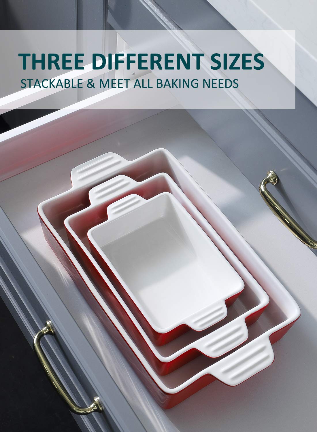 Teocera Porcelain Baking Dish, Casserole Dish, Rectangular Bakeware Set, Lasagna Pans for Cooking, Kitchen, Dinner Parties, Double Handle, Set of 3, Red