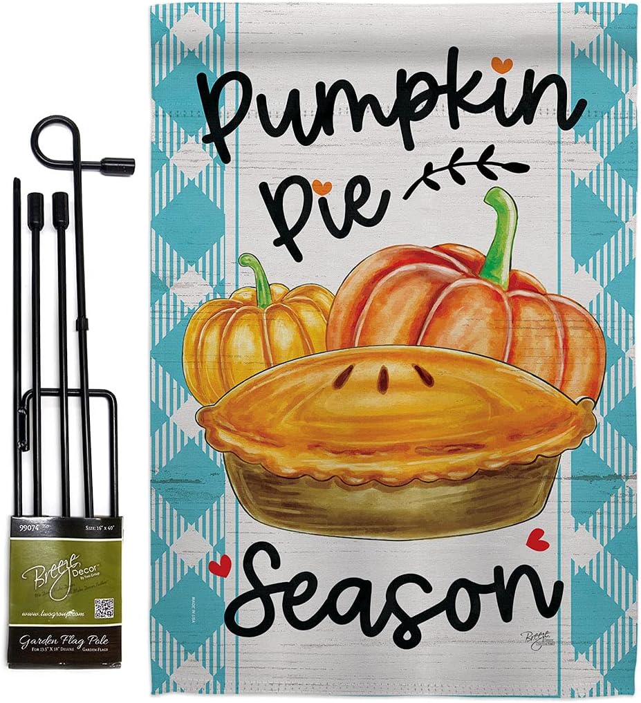 Pumpkin Pie Garden Flag Set with Stand Falltime Harvest Autumn Scarecrow Pumkins Sunflower Leaves Season Autumntime Gathering Small Gift Yard House Banner Double-Sided Made In USA 13 X 18.5