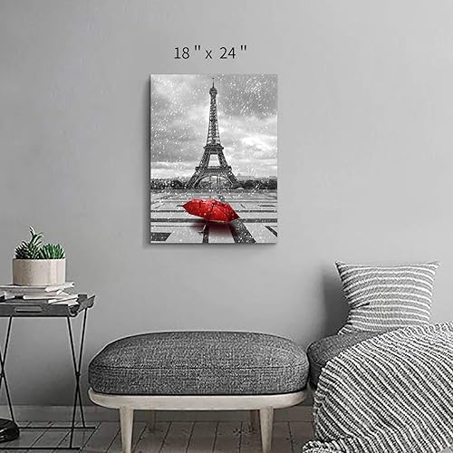 Miniatura 2 de ARTISTIC PATH Pintura de la Torre Eiffel, arte de pared, diseño de paisaje urbano de París, impresión de paraguas rojo sobre lienzo para dormitorio
