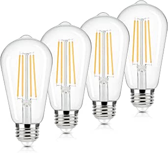 Brightever 4-Pack Vintage LED Edison Bulbs 60W Equivalent, 6W ST58 2700K Warm White Antique LED Filament Bulbs, E26 Medium Base, Non-dimmable Clear Glass Style for Home and Commercial