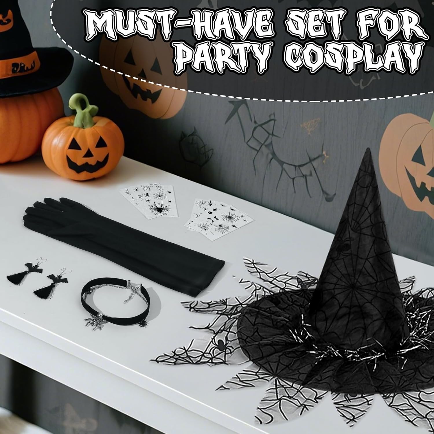 SelfTek Witch Costume for Women - Halloween Womens Wit-ch Costume, 17-Piece Hooded Cloak, Witc-h Hat, Long Gloves, Spider Necklace, Eardrop, Tattoo Stickers, for Halloween, Cosplay Props Party Outfits - Image 5