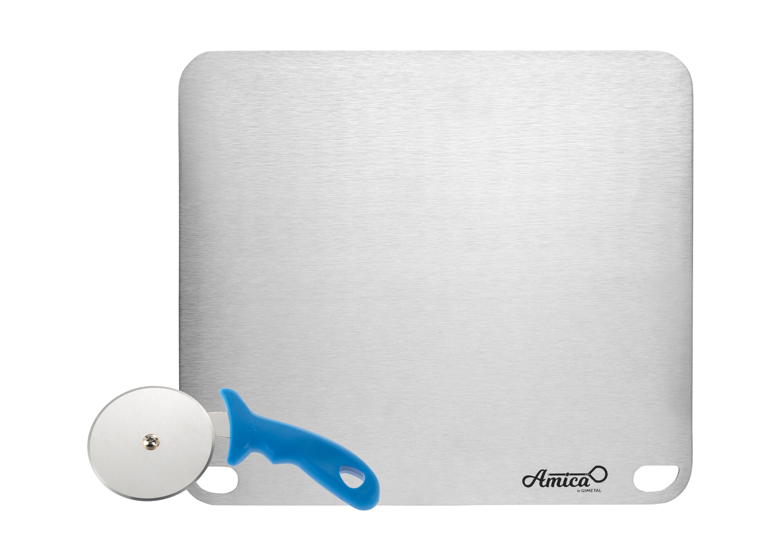 Gi.Metal Kit de placa de acero inoxidable de 40 x 35 cm + cortador de pizza – Para horno, barbacoa y gas – Cocción uniforme y corte preciso – Uso doméstico y profesional