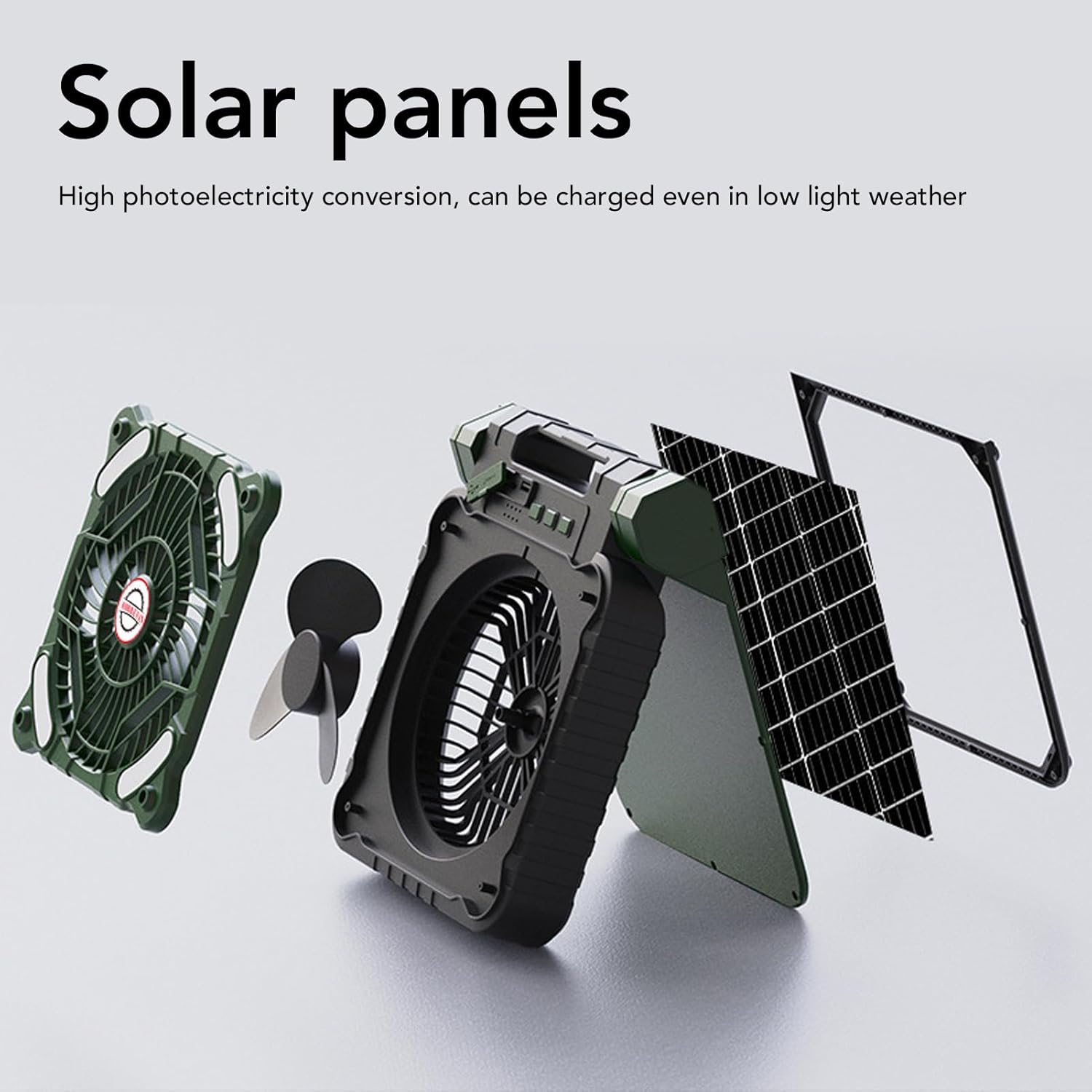 Solar Camping Fan, 4 Speed Adjustable Brushless Motor with Timer Function for Outdoor Activities Fishing Hiking (OD Green)