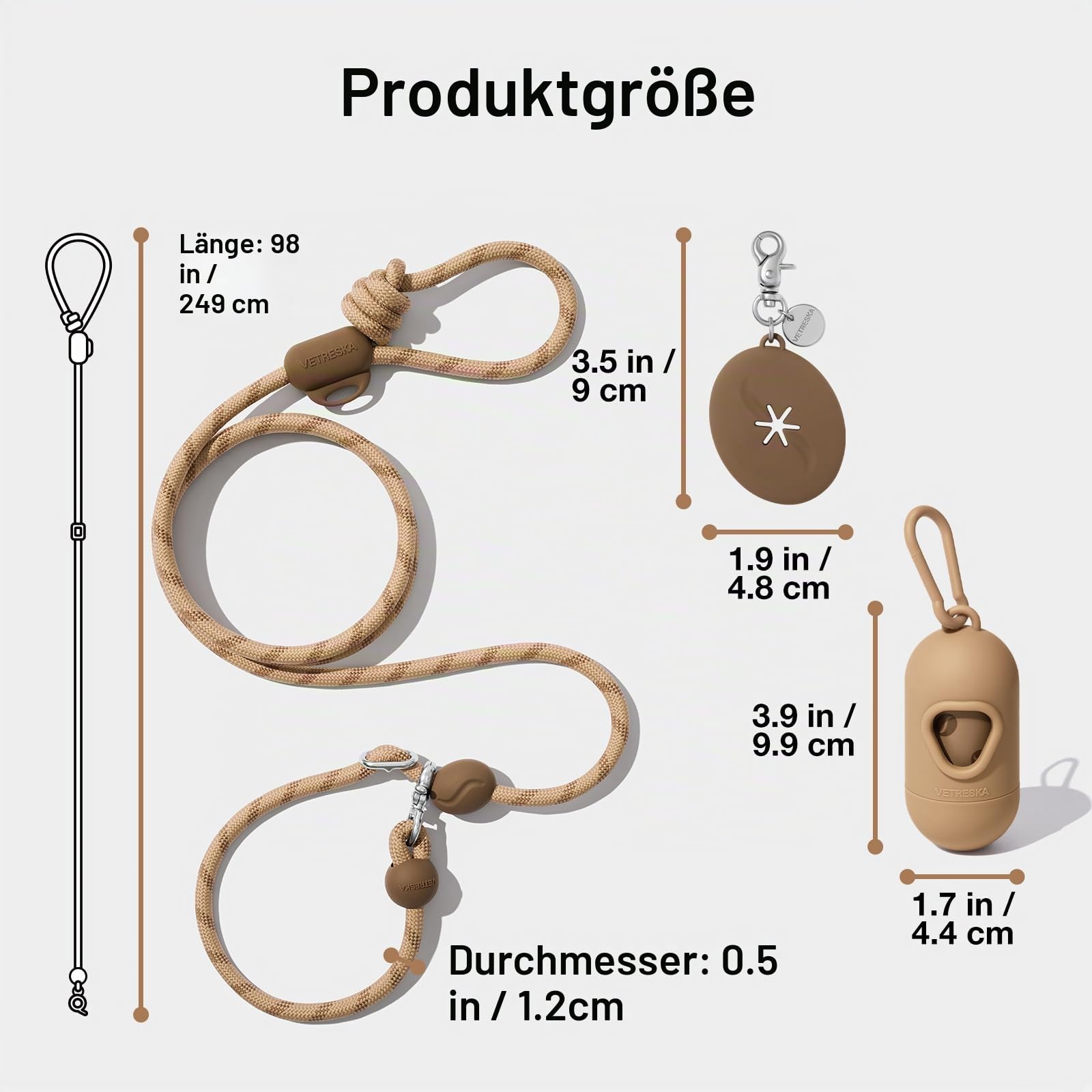 VETRESKA Händefreie Hundeleine, 2,4m, verstellbare Seilleine für mittelgroße und große Hunde, Taille/Crossbody-Leine, zum Spazierengehen, kein Ziehen, mit Beutelspender, Clip, 3-in-1-Walk-Kit (Kaffee)