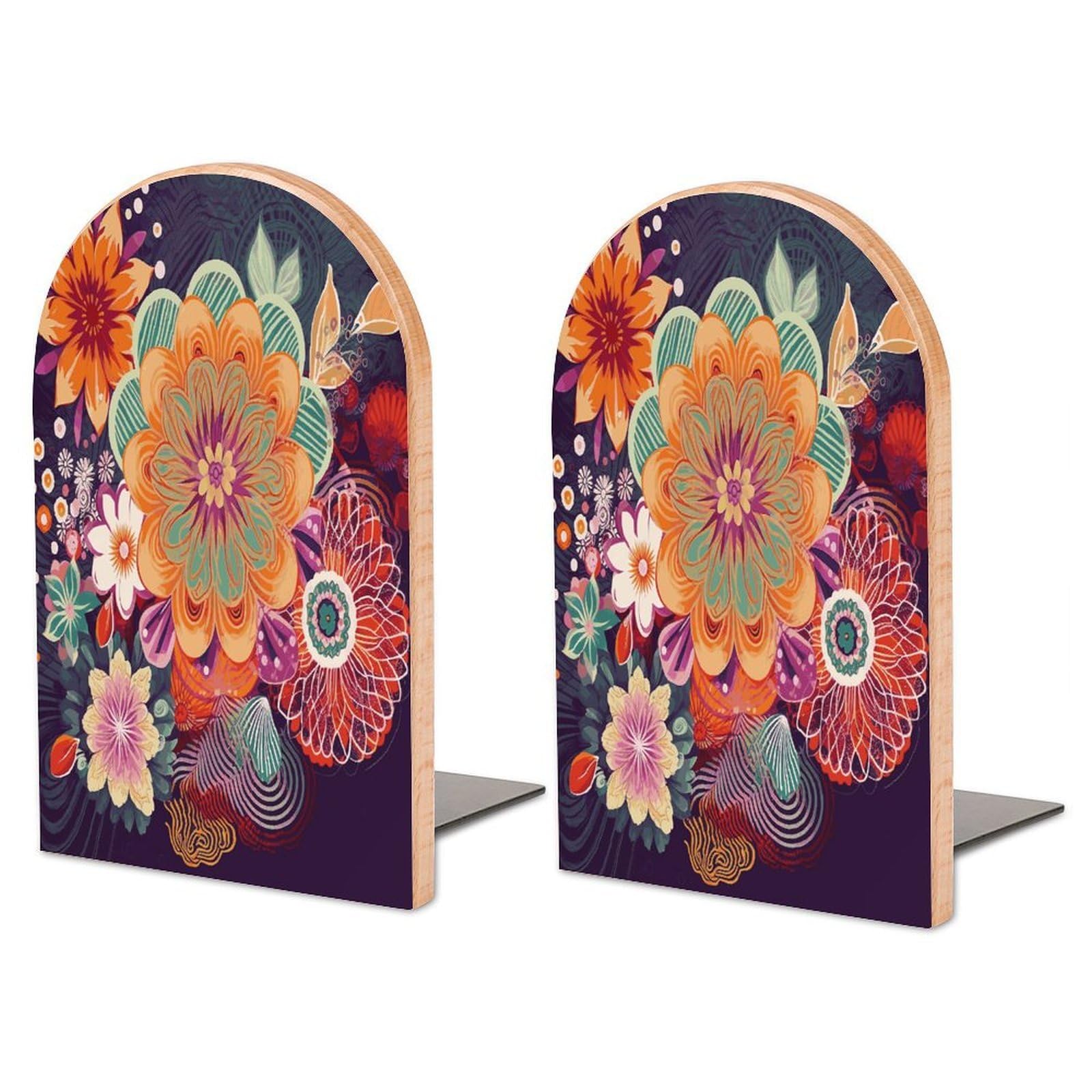 Bohemian Colored Flower Wood Bookend for Shelves 1 Pair