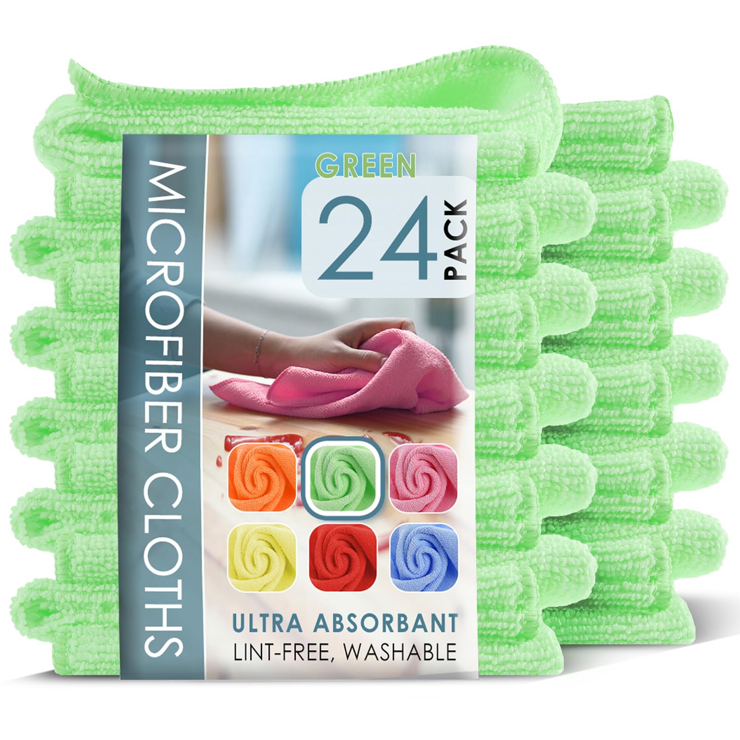 Hearth & Harbor Green Microfiber Cleaning Towels For Cars, 24 Pack Washcloths, Reusable Rags, Lint Free Cloth, 12X12 Inches