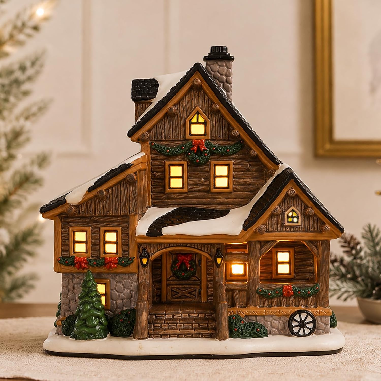 Ceramic Christmas Village Houses,Light Up Cabin Christmas House for Indoor