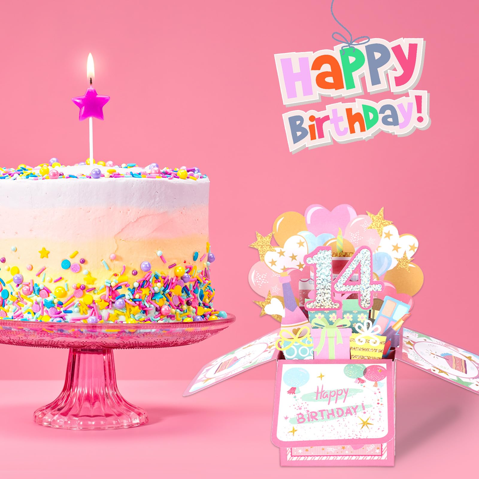 Biglietto Pop-up 3D Lucido 14th Happy Birthday con Busta, Cartolina Compleanno per Ragazza