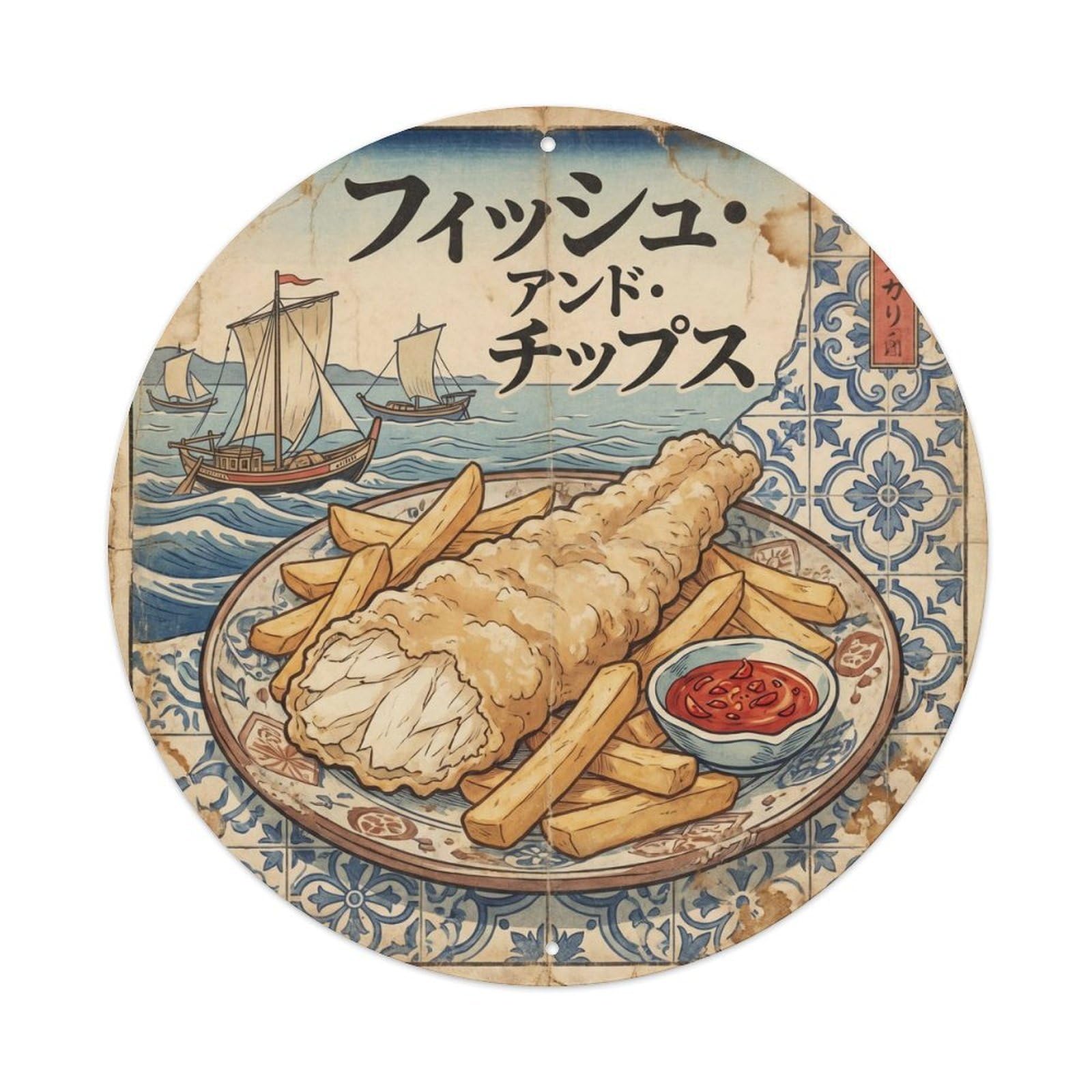 Seafood Chips Takeaway Culture Retro Woodblock Iberian Metal Tin Sign