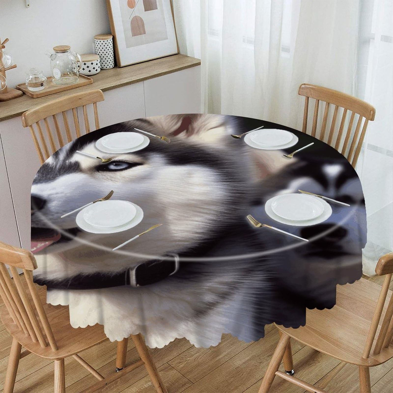 VstaDank Husky Dog Round Tablecloth Wipeable Round Polyester Tablecloth Waterproof Wrinkle Free Indoor and Outdoor Table Cover 60 Inch Decorative Farmhouse Table Cloth for Dining