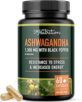 Ashwagandha Supplement 1300mg for Stress Resistance & Energy Boost | High Absorption Adaptogen from Root Powder with Black Pepper | Stress-Related Fatigue Support | Non-GMO | 120ct, 2-Month Supply
