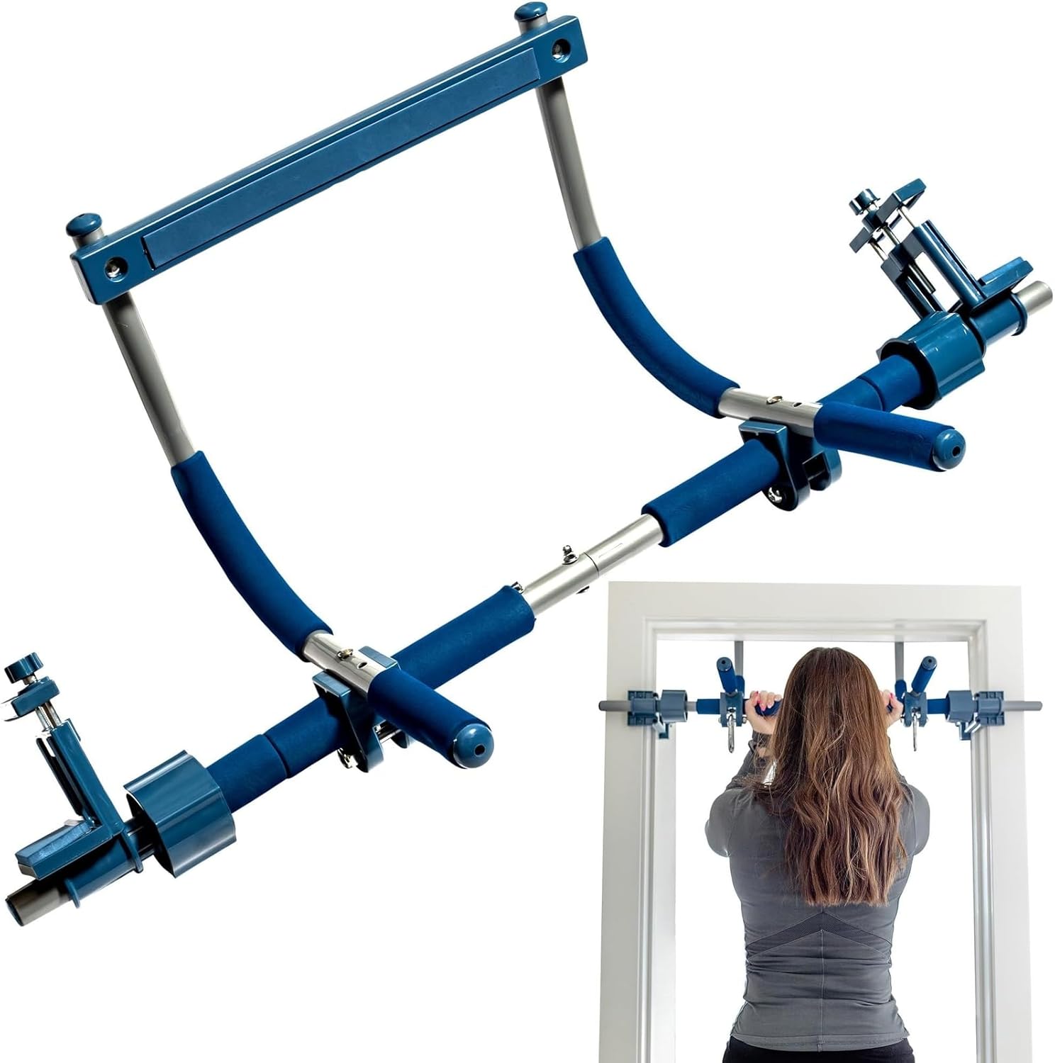 Gym1 Pull Up Bar for Doorway | Door Frame | No Screws Installation for Upper Body Fitness Workout at Home Gym | Made from Professional-Grade Steel Blue / Silver