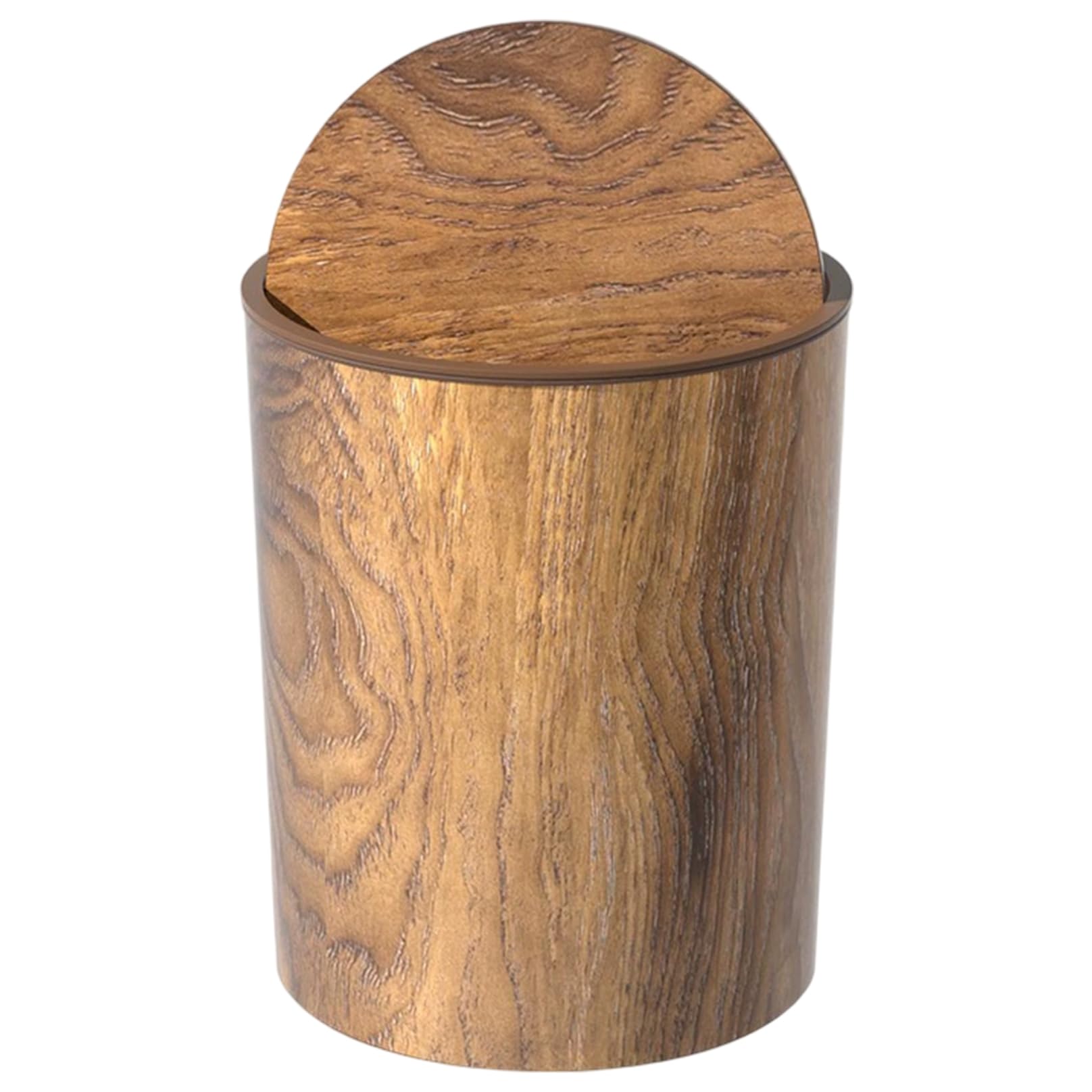 DAGLLGEW Retro Trash Can, Wood Grain Small Trash Can with Swing Lid, Round Garbage Bin, Reusable Waste Basket for Bedroom, Living Room, Kitchen, Bathroom Garbage Small Brown