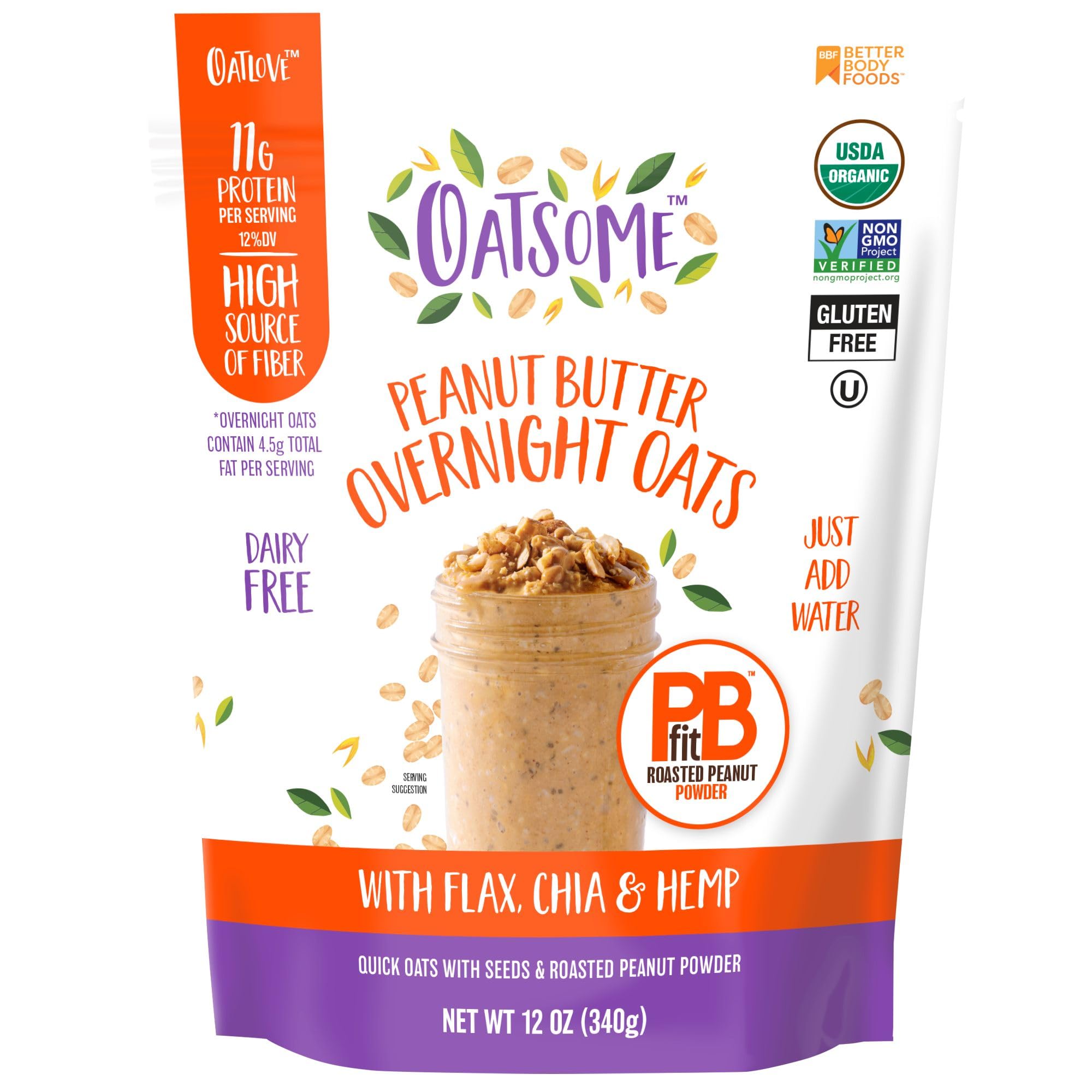 Oatsome PBfit Overnight Oats - Peanut Butter Flavor with Chia Seeds, Flax Seeds and Hemp Seeds - Gluten Free Oatmeal with 11g of Protein - 12 oz