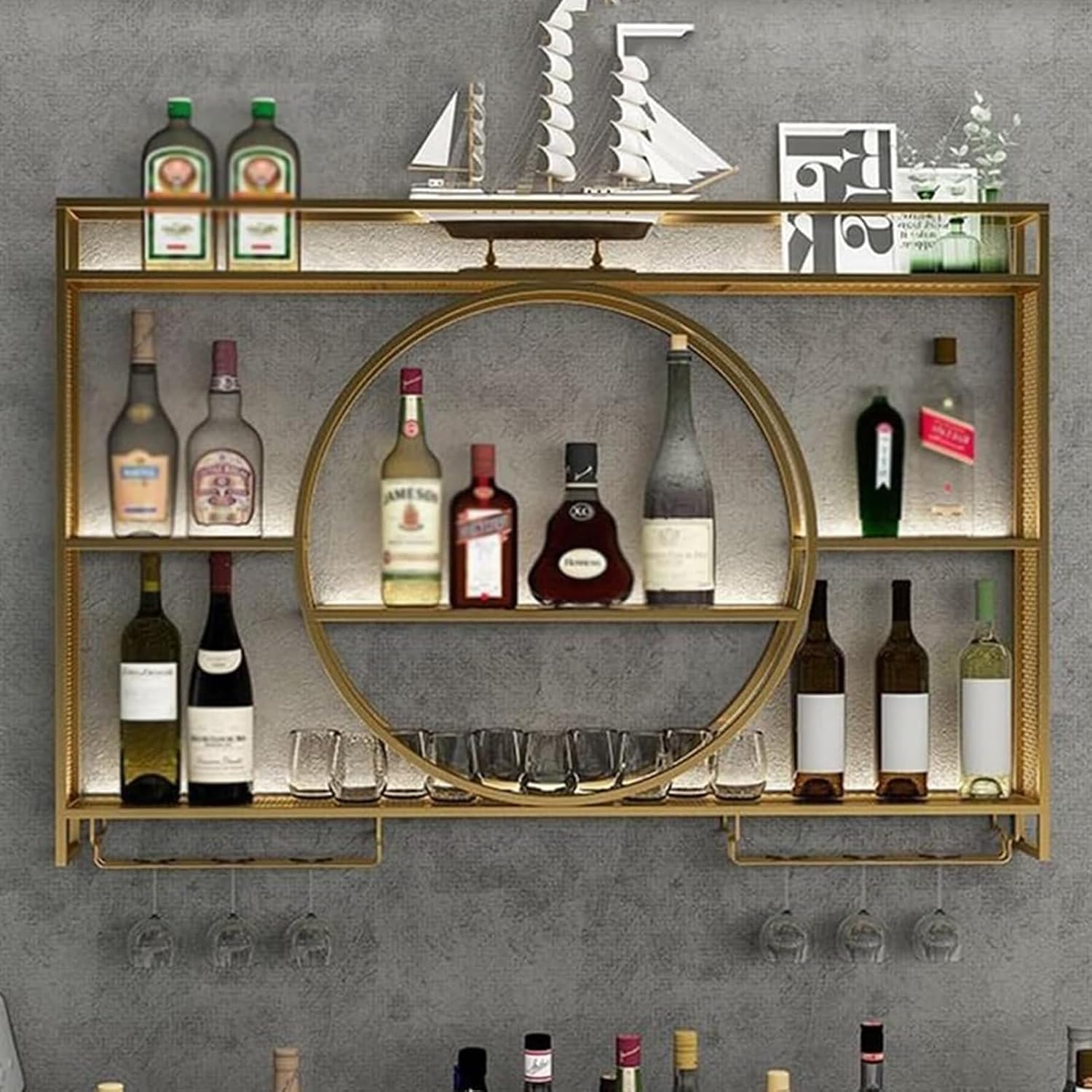 Modern Industrial Wall Mounted Wine Rack with Glass Holder Stylish Metal Wine Display Shelf for Home Bar Decor Floating Shelves nizer Gold 39.4x5.9x31.5in