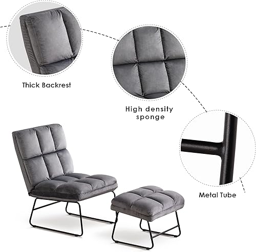Miniatura 9 de MCombo Silla decorativa de terciopelo con juego otomano, moderna silla sin brazos para sala de estar, dormitorio, espacios pequeños, tela 0014 (gris
