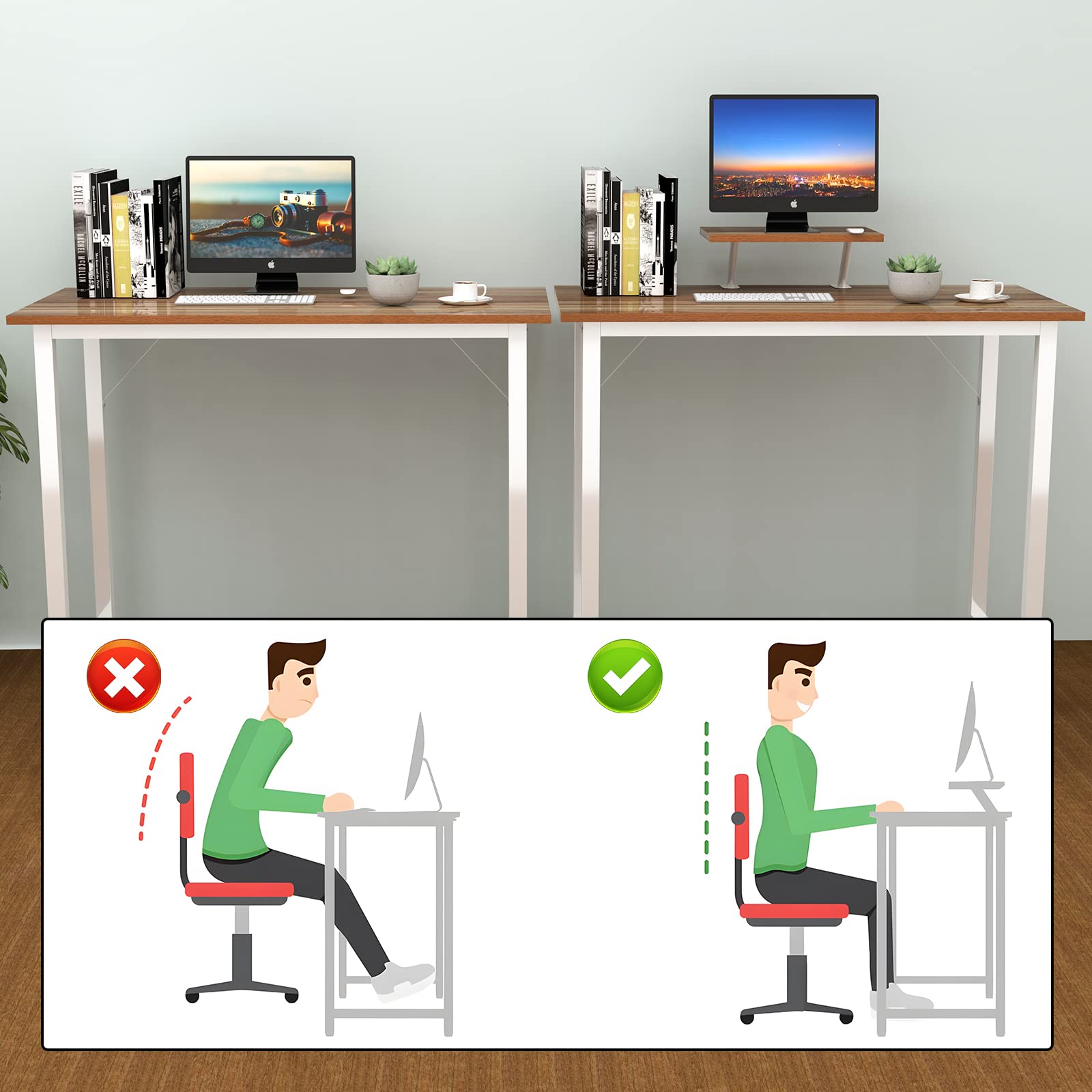 Scrivania per Computer, Tavolo Ufficio con Supporto per Ufficio, Scrivania Tavolo da Studio, Scrivania da Ufficio, Studio Camera da Letto, Struttura Metallica, 80 x 40 x 75 cm (Marrone)