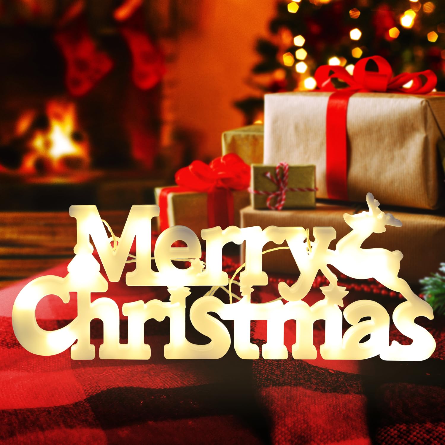 Merry Christmas Sign LED Hanging Ornament Light Christmas Glowing Letter Sign for Xmas Tree Wall Door Fireplace Indoor Outdoor