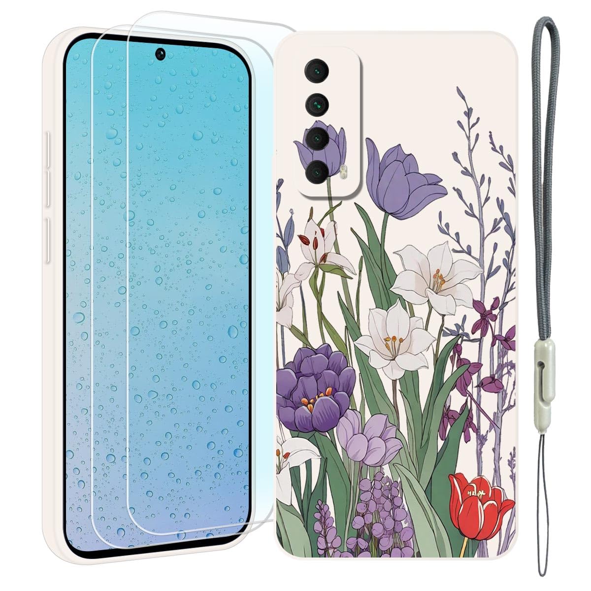 Case Compatible with Huawei P Smart 2021/Y7A Case,[2 Pack Screen Protectors] with Cute Flowers Pattern, Liquid Silicone Ultra Slim Shockproof Phone Case