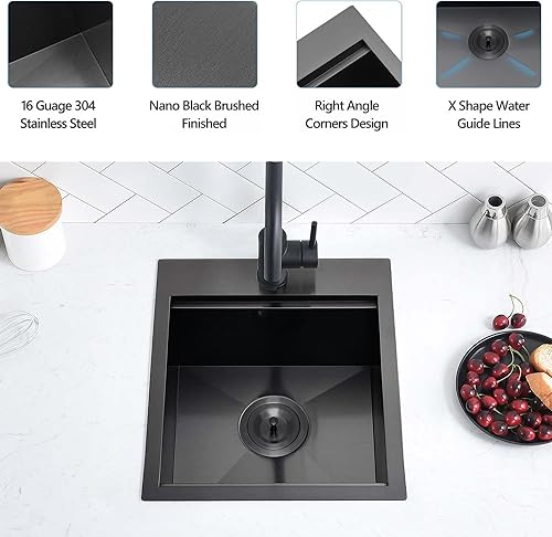 Miniatura 27 de Scamall SM021-1SBG - Fregadero de cocina de acero inoxidable negro de calibre 15, 15 x 15 x 9 pulgadas, fregadero de cocina pequeño con estación