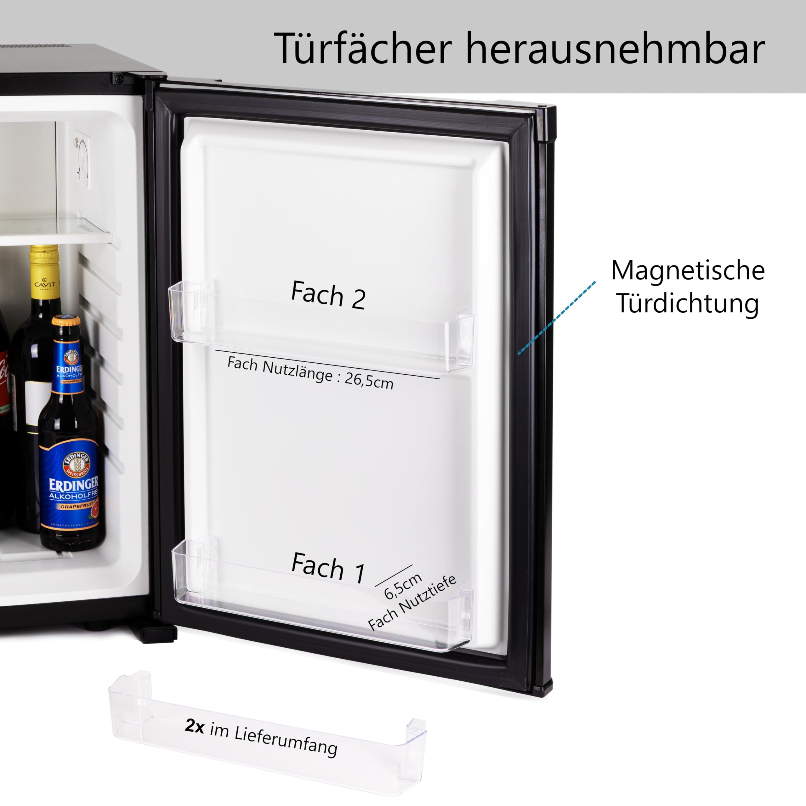 40 Liter Mini Kühlschrank LAUTLOS geräuschlos, Minibar mit Schloss, 5°-18°C