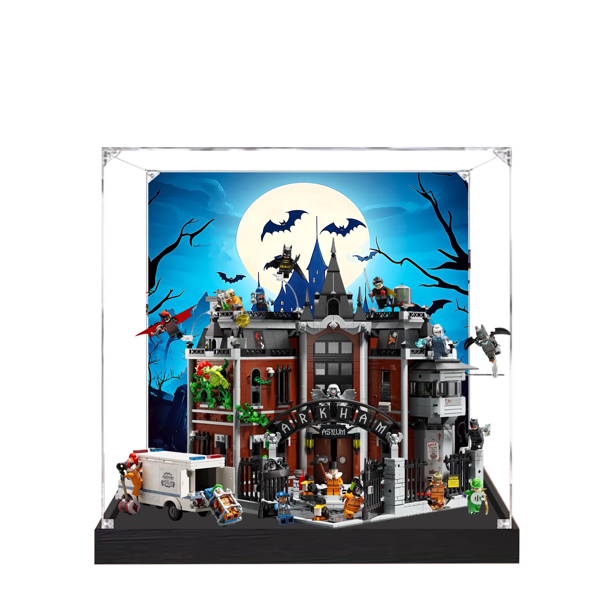 Acrylic Display Case for Lego 76300 Arkham Asylum Building Set, Dustproof Display Box, Transparent Box, Display Box Compatible with Lego 76300 (Only Case, No Model) (Background Black Base)