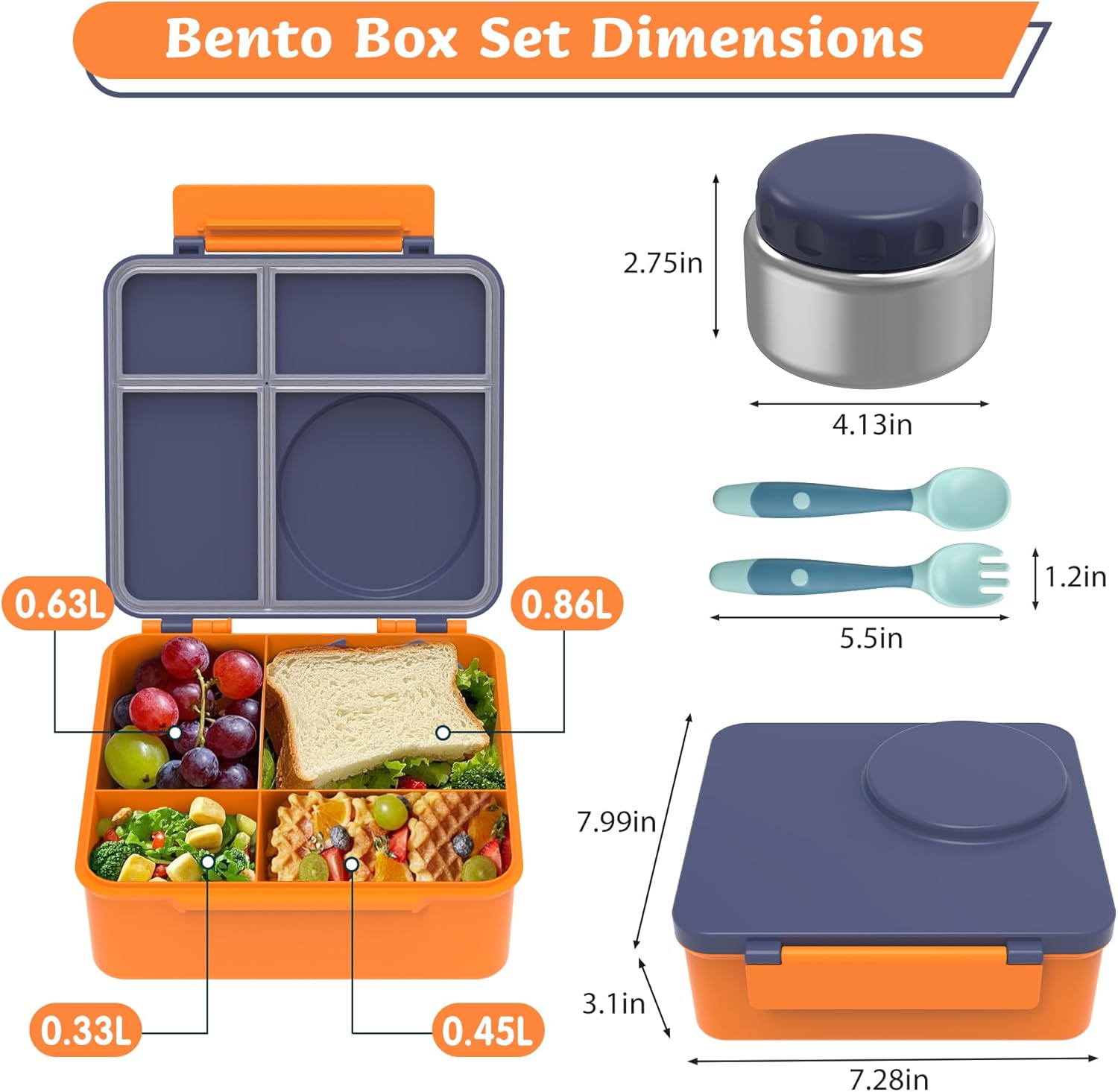 Bento Lunch Box Set for Kids with 8oz Soup Thermo, Leak-Proof Lunch Containers with 4 Compartment, Thermo Hot Insulated Food Jar and Foldable Fork Spoon, for Kids to School (Navy Blue) - Image 2