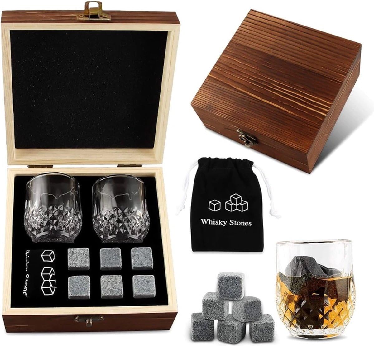 Coffret cadeau whisky complet avec verres en cristal et pierres de granit dans sa boîte en bois