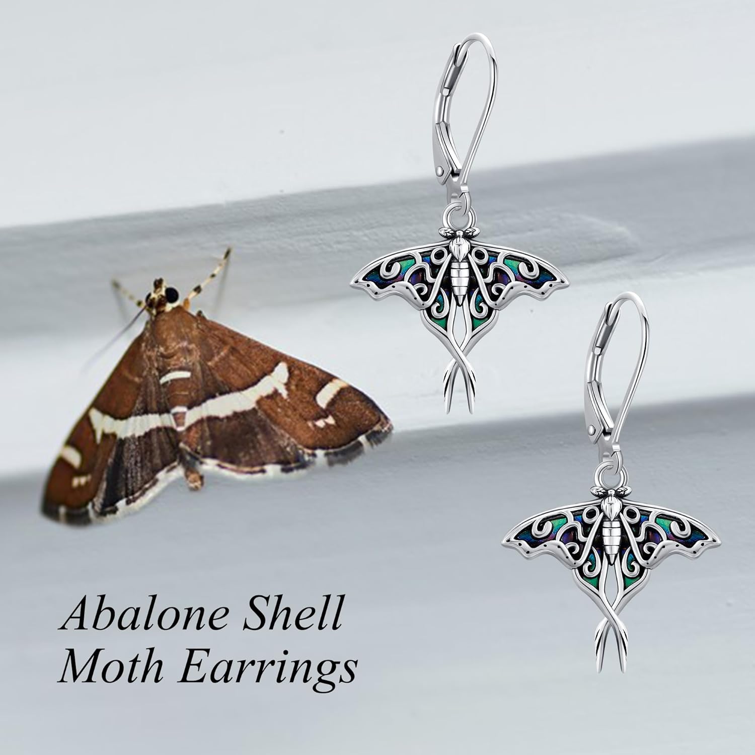 URONE Moth Earrings 925 Sterling Silver Moth Dangle Earrings With Abalone Shell Luna Moth Jewelry for Women