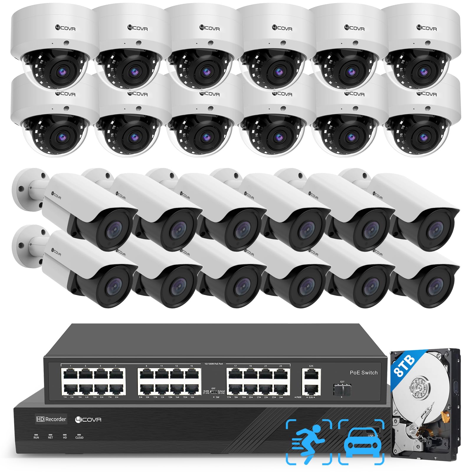 4COVR PoE 32 Channel Security Camera System, 12 Dome IK10 Vandal-Proof 12 Bullet 5MP Commercial IP Camera IP67 Night Vision, AI Human/Vehicle