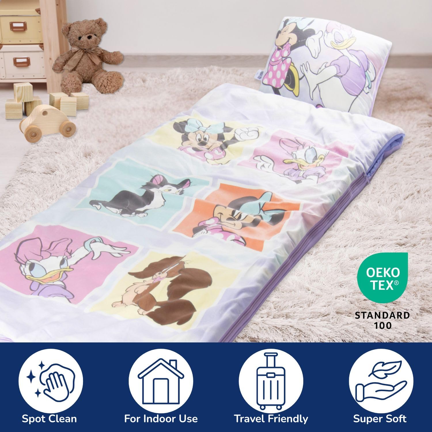 Set sacco a pelo e cuscino Disney Minni, Minnie Mouse - Comodo sacco nanna da viaggio con manico, ideale per gite scolastiche e pigiama party