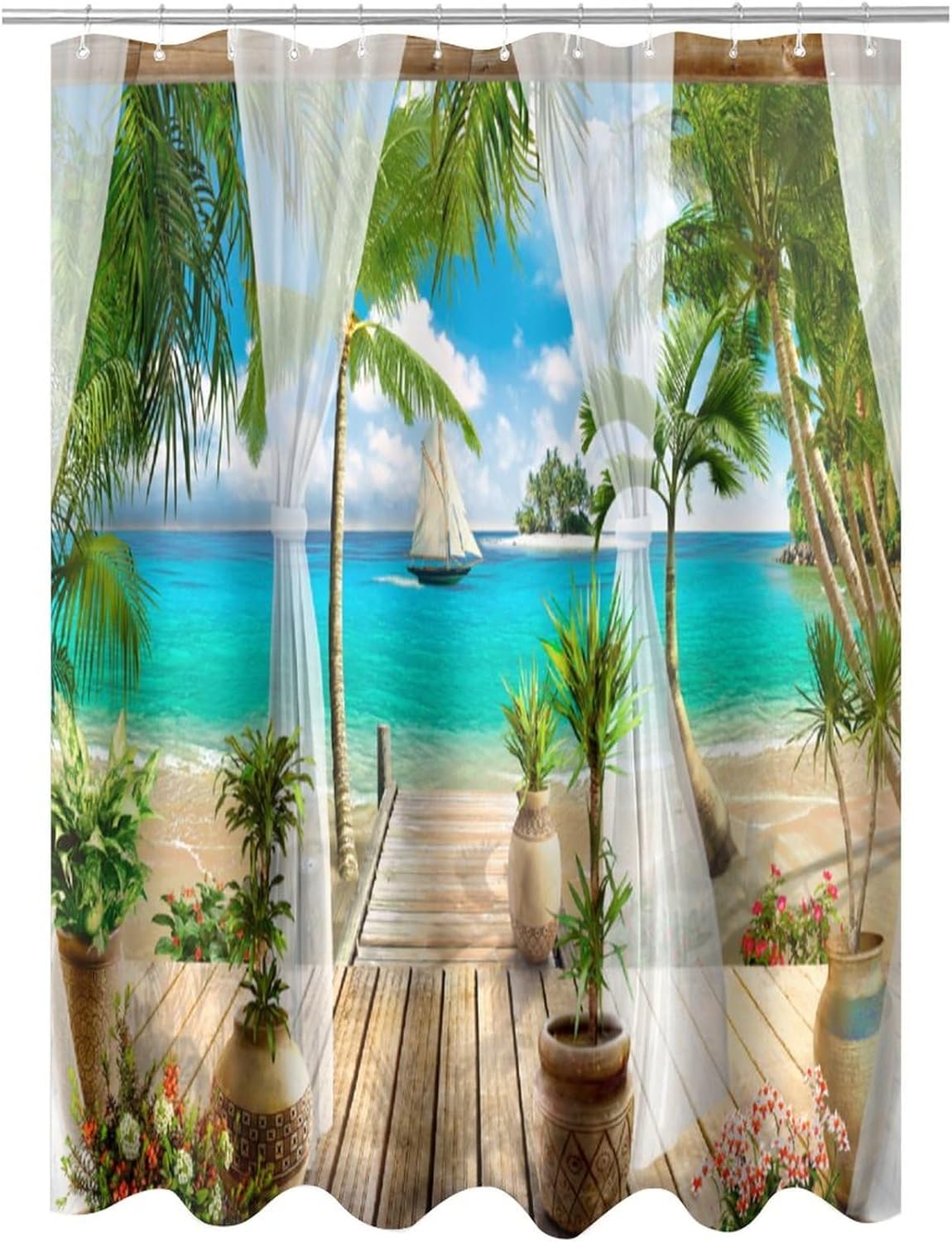 Mediterranean Style Shower Curtain Beautiful Seaside Beach Scenery Garden Tropical Palm Tree Print Bathroom Shower Curtain with 12 Hooks72x72inch(183x183cm)