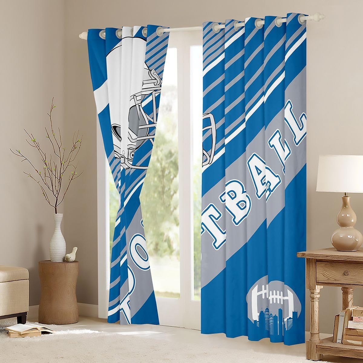 Erosebridal Sports Football 30%-50% Blackout Curtains White and Sky Blue Rugby Helmet Window Drapes 38''Wx54''L, Football Themed Curtains Retro 3D Ball Game Window Treatments
