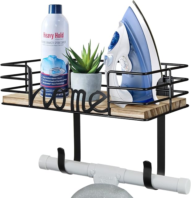 TJ.MOREE Ironing Board Hanger Wall Mount - Laundry Room Iron and Ironing Board Holder with Large Storage Wooden Base Basket and Removable Hooks (Black)