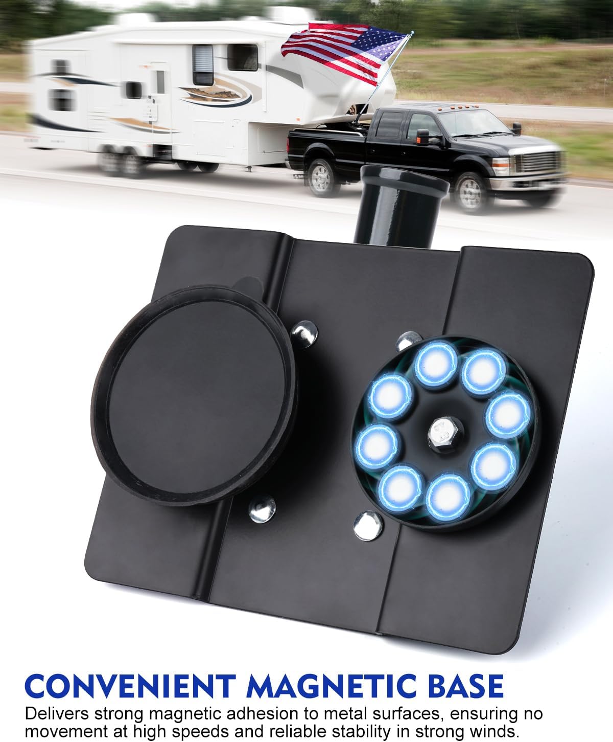 Magnetic Flag Pole Holder for Fifth Wheel RV Hitch – 180° Adjustable, Tool-Free Installation, RV Flag Pole Mount Compatible with Fifth Wheel RV, Campers & Trailers - Black