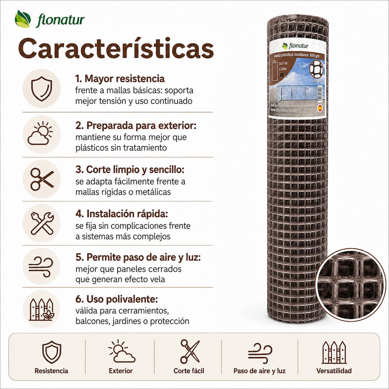 Malla de Plástico para Balcones y Terrazas 1x5m, Malla Rejilla Cerramientos de Color Marrón, Ancho del Cuadro 1x1 cms, Peso 300gr/m2