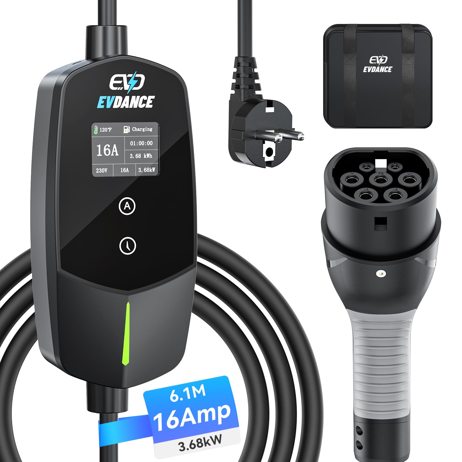 EVDANCE Typ 2 Ladekabel Schuko für Elektroauto & Hybrid | 3.68kW [1-phasig, 6.1m, 6-16A] Ladekabel Elektroauto mit 0-12h Zeitverzögerung, Schwarz