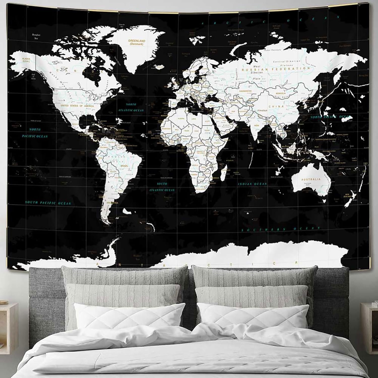 Drgilau World Map Tapestry, Black Map Educational Wall Tapestry Asia Europe South City Topography America Africa Wall Decor, Map of World Wall Art for Living Room Office 90X70 Inch