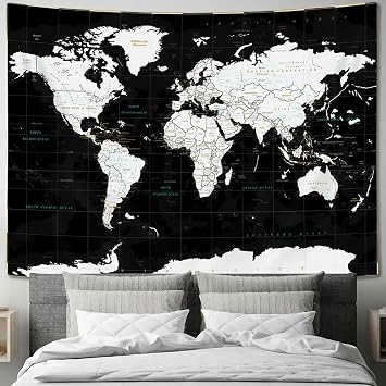 Drgilau World Map Tapestry, Black Map Educational Wall Tapestry Asia Europe South City Topography America Africa Wall Decor, Map of World Wall Art for Living Room Office 71X60 Inch