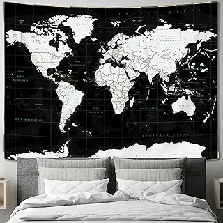 Drgilau World Map Tapestry, Black Map Educational Wall Tapestry Asia Europe South City Topography America Africa Wall Decor, Map of World Wall Art for Living Room Office 60X40 Inch