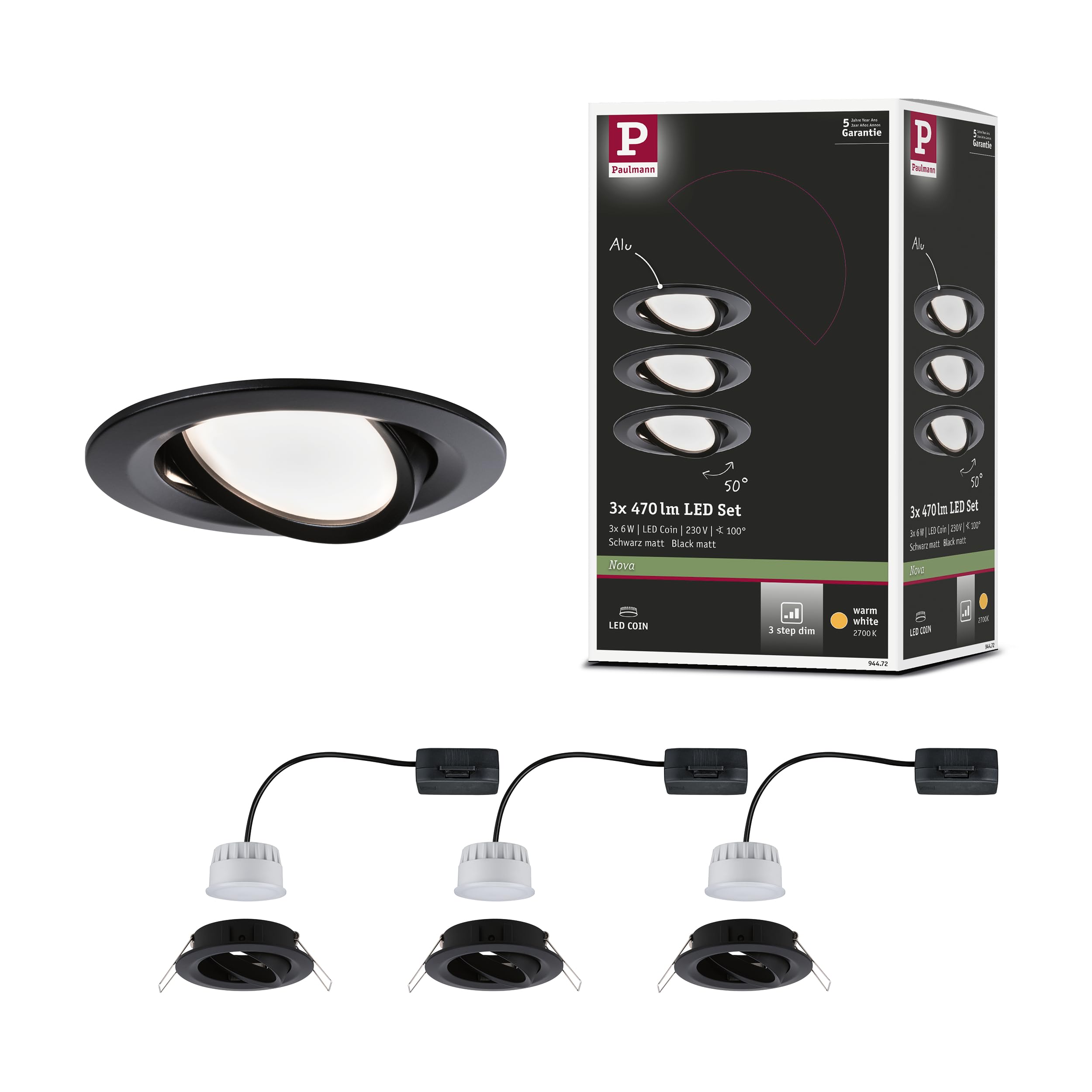 Paulmann Nova Coin 3-Light Swivel Spotlight, Round, Matt Black