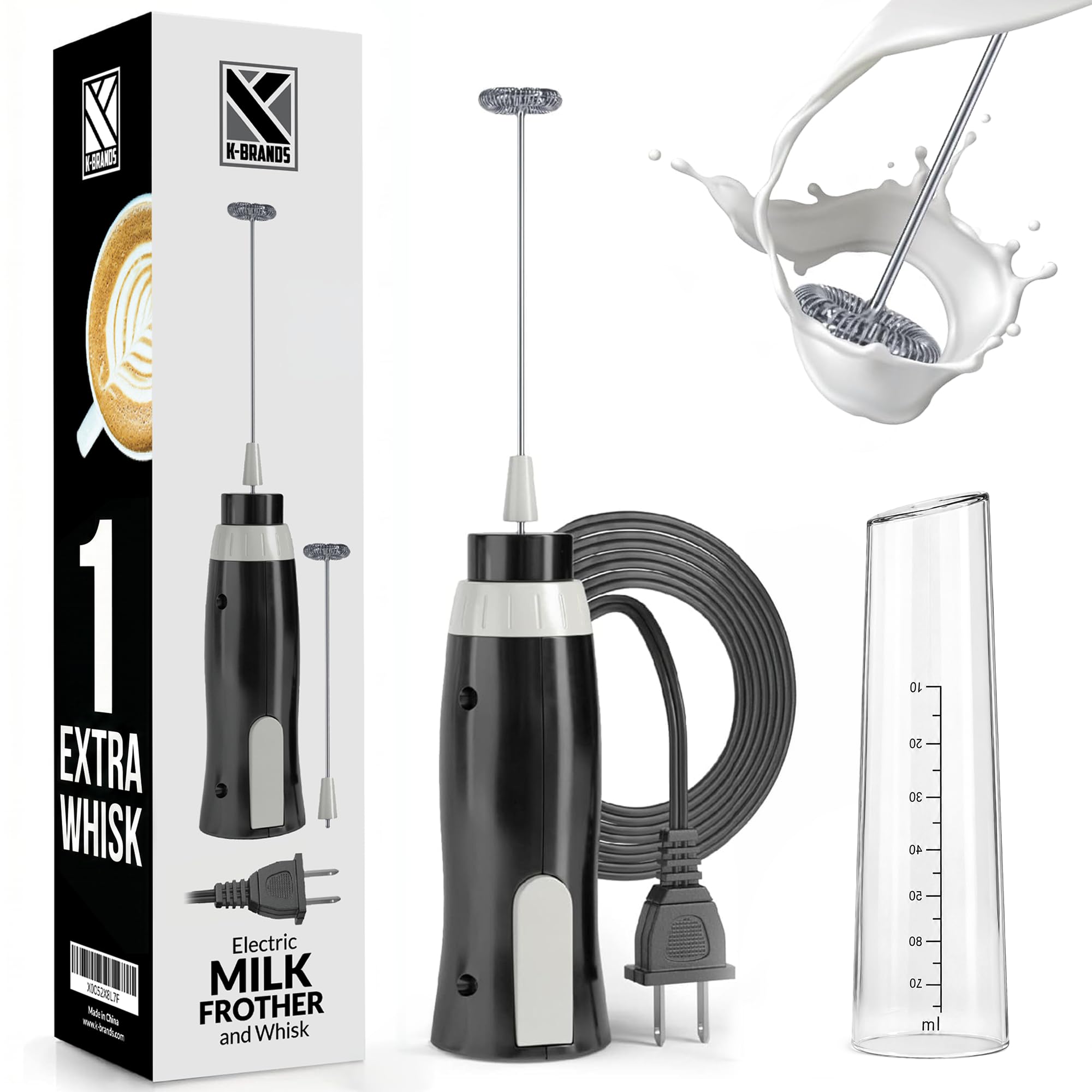 K-Brands Mousseur à lait électrique filaire – Mini fouet électrique portatif – Machine à mousse pour café, latte, cappuccino, chocolat chaud – Puissant mélangeur de boissons