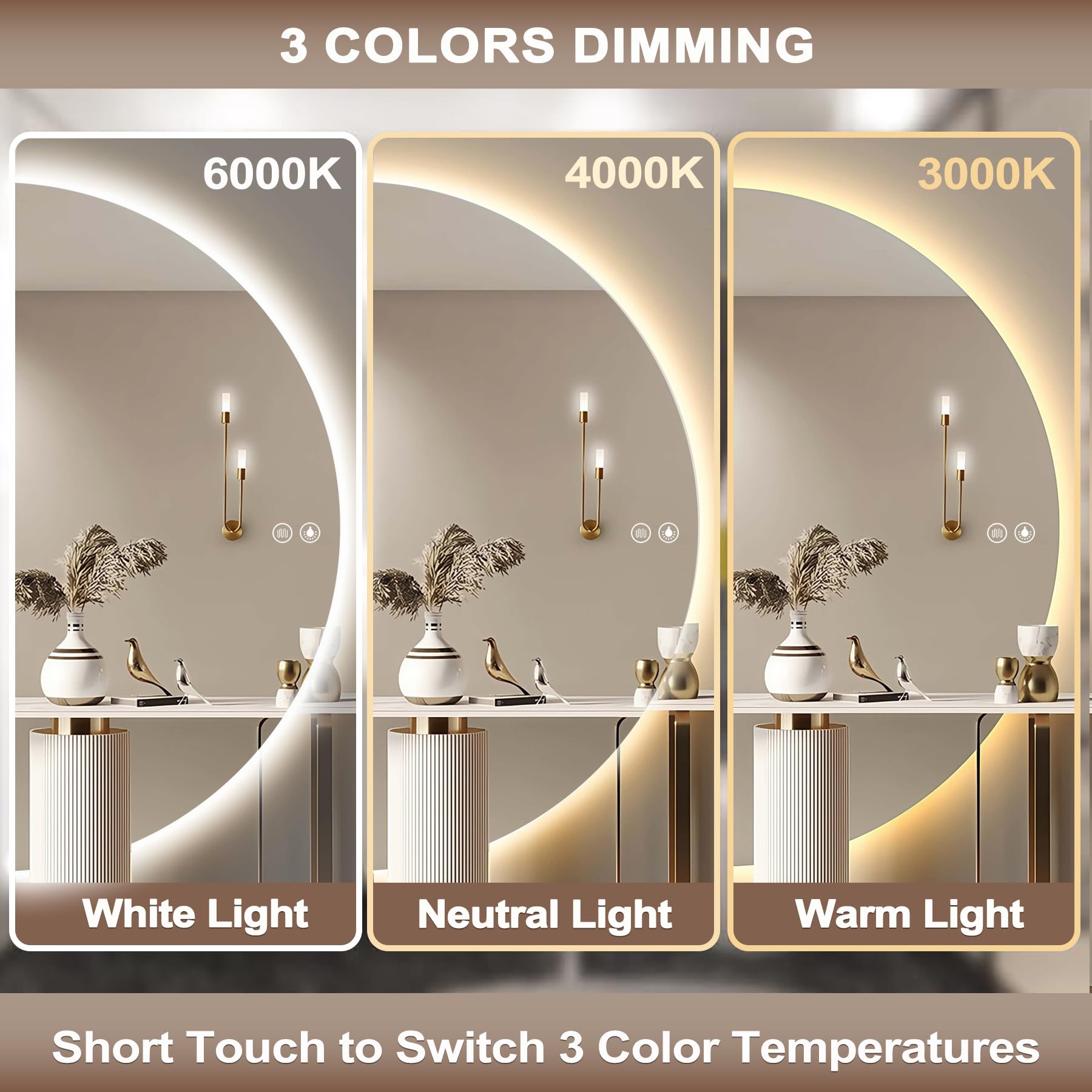 Miroir Salle De Bain avec Eclairage, 110 × 55cm Miroir LED Salle De Bain avec Anti-Buée, 3 Couleurs, LumièRe Réglable, Ip54 Miroirs Demi Cercle LED, Verre Trempé (Left Cut, 110×55cm)