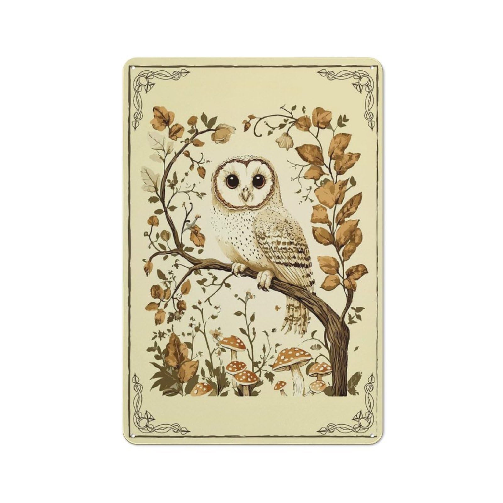Junmoney Style Owl Autumn Forest Cottagecore Vintage Metal Plaque 30X20cm For Café Or Restaurant, A Decorative Gift For A Newly Furnished Café And Restaurant