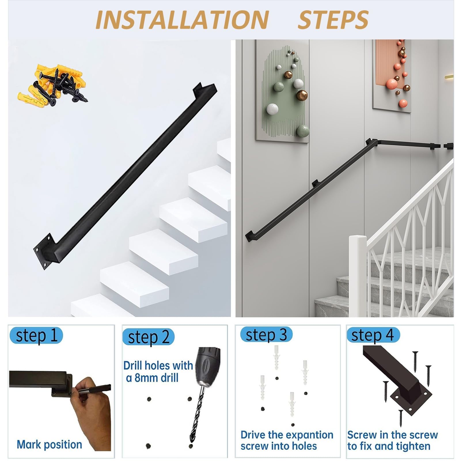Schwarzes Metall für Treppen, 1 m bis 6 m, Sicherheitsgeländer mit Wandhalterungen und Metallschrauben, Schmiedeeisernes Treppengeländer, verstellbare Größe (500 cm)