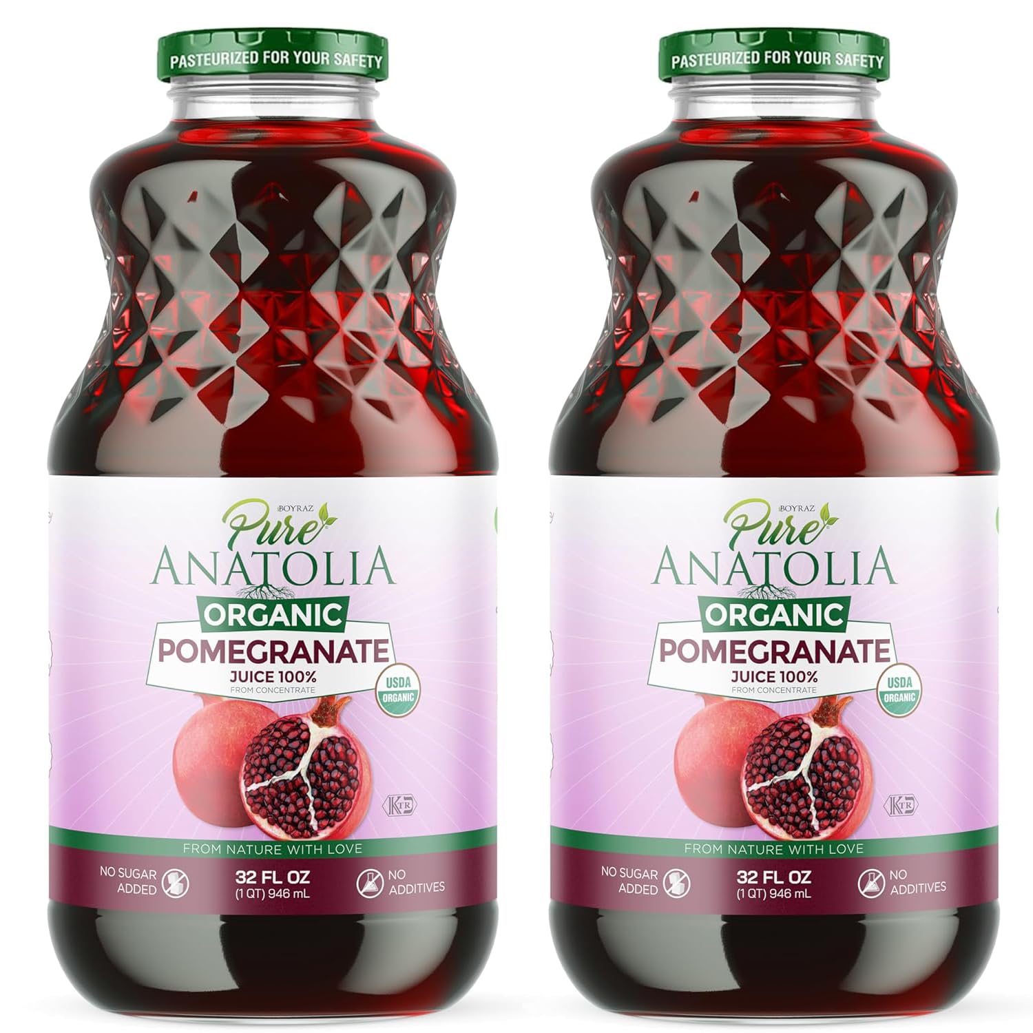 %100 Organic POMEGRANATE Juice by Pure Anatolia - Boost Immunity, Enhance your Health - USDA Organic, Gluten Free, Vegan - Glass Bottle of 32 fl oz. 2 Pack Bundle