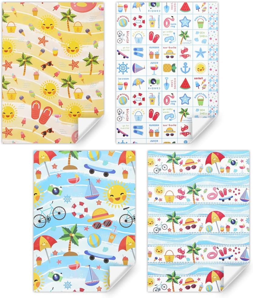 12 Sheets of Beach Themed Gift Wrapping Paper, Summer Birthday Kraft Wrap with Hawaiian Sun, Shells, Coconuts, and Ice Cream Designs, Summer Luau, or Beach Parties, Sheet Size: 70 x 50 cm