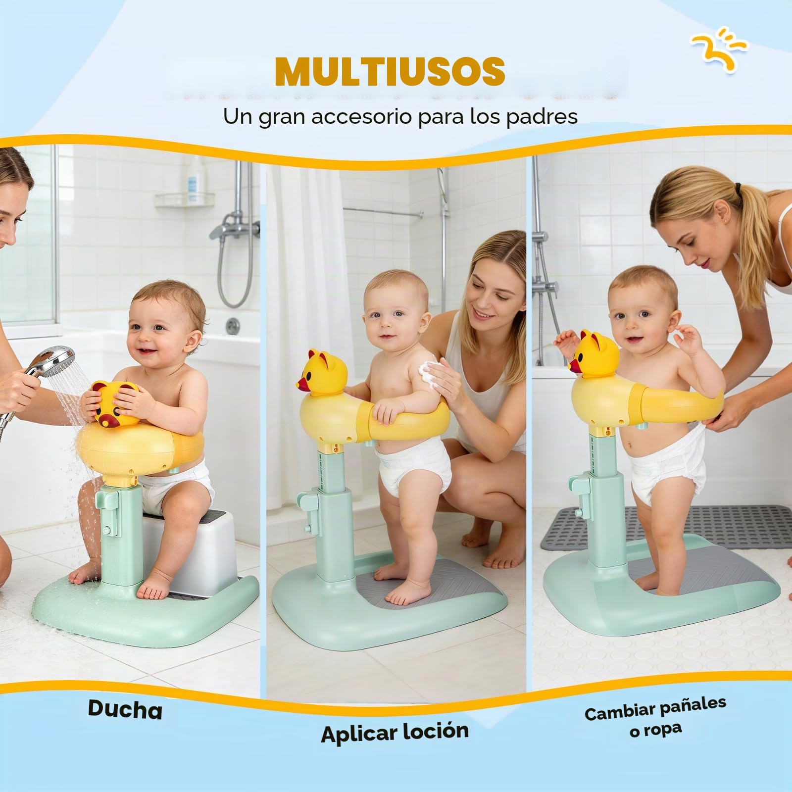 Soporte Ducha Bebé con Asiento, Ajustable y Antideslizante 6-36 Meses | ABS sin BPA, altura 47-62 cm, reposabrazos 17-27 cm, soporte para ducha, asiento y base antideslizante para baño y cuidado